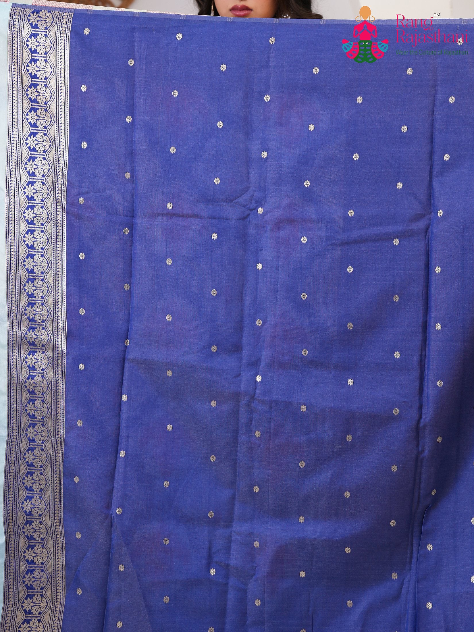 Blue SyntheticSilk saree with Printed pleats view