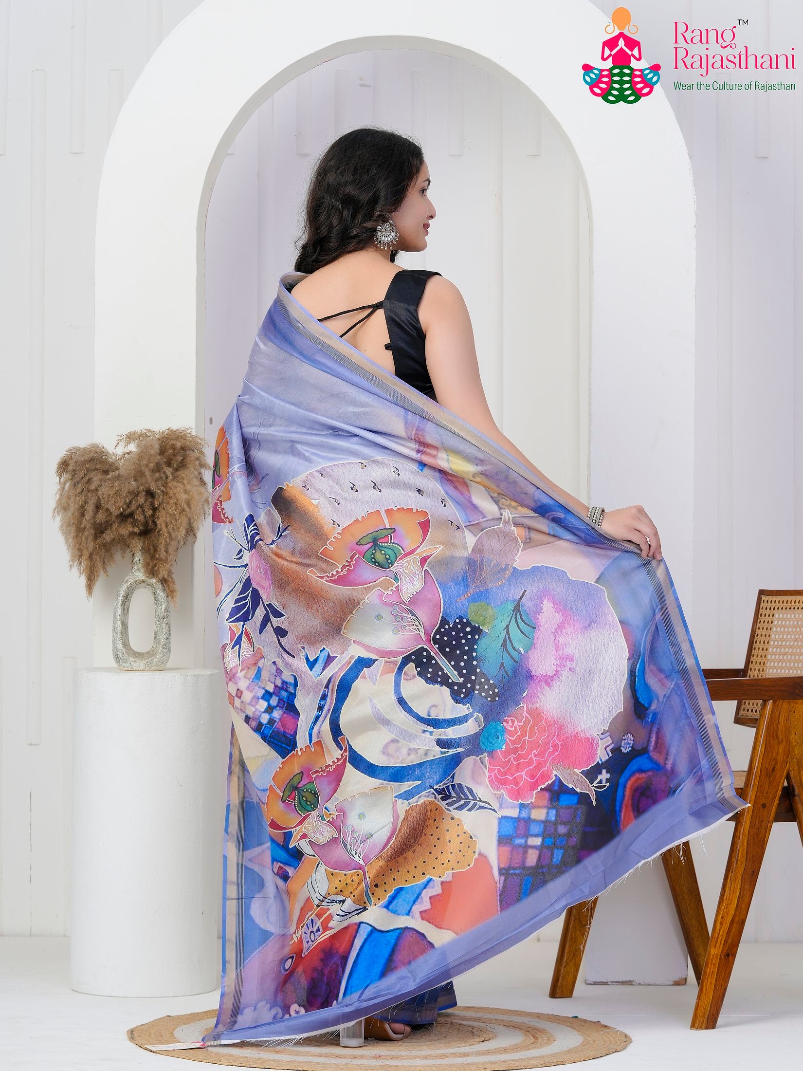 Blue Imported saree with Printed back view