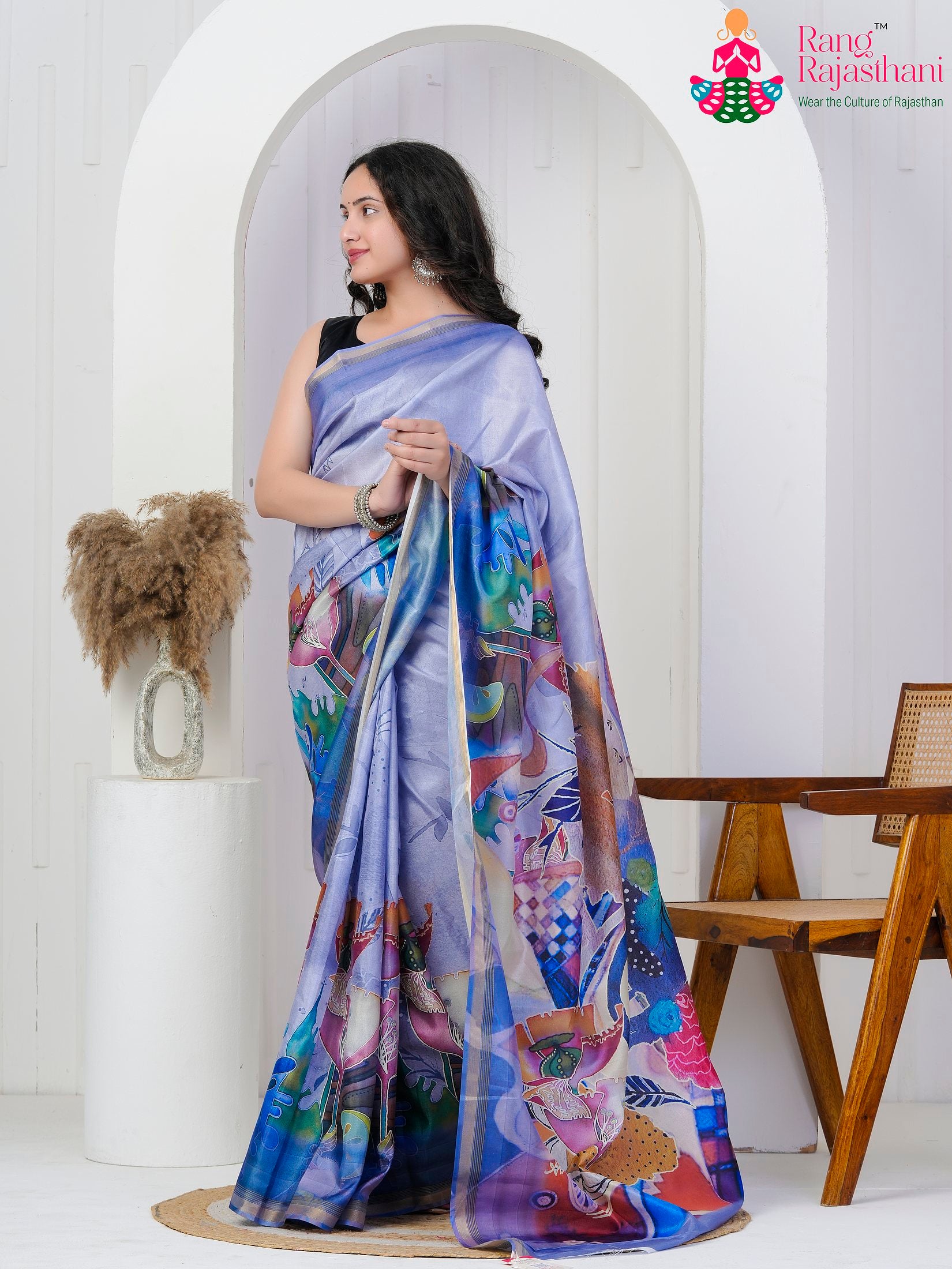 Blue Imported saree with Printed side drape view