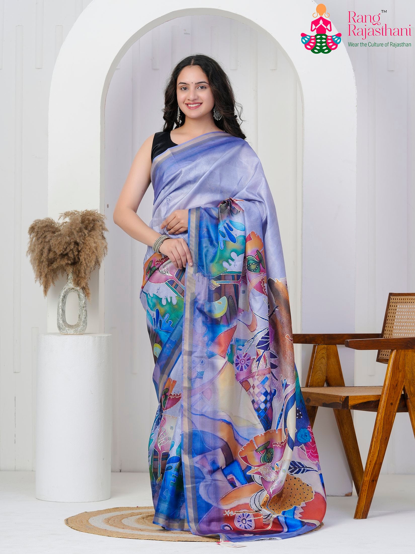 Blue Imported Party saree with Printed from Rang Rajasthani