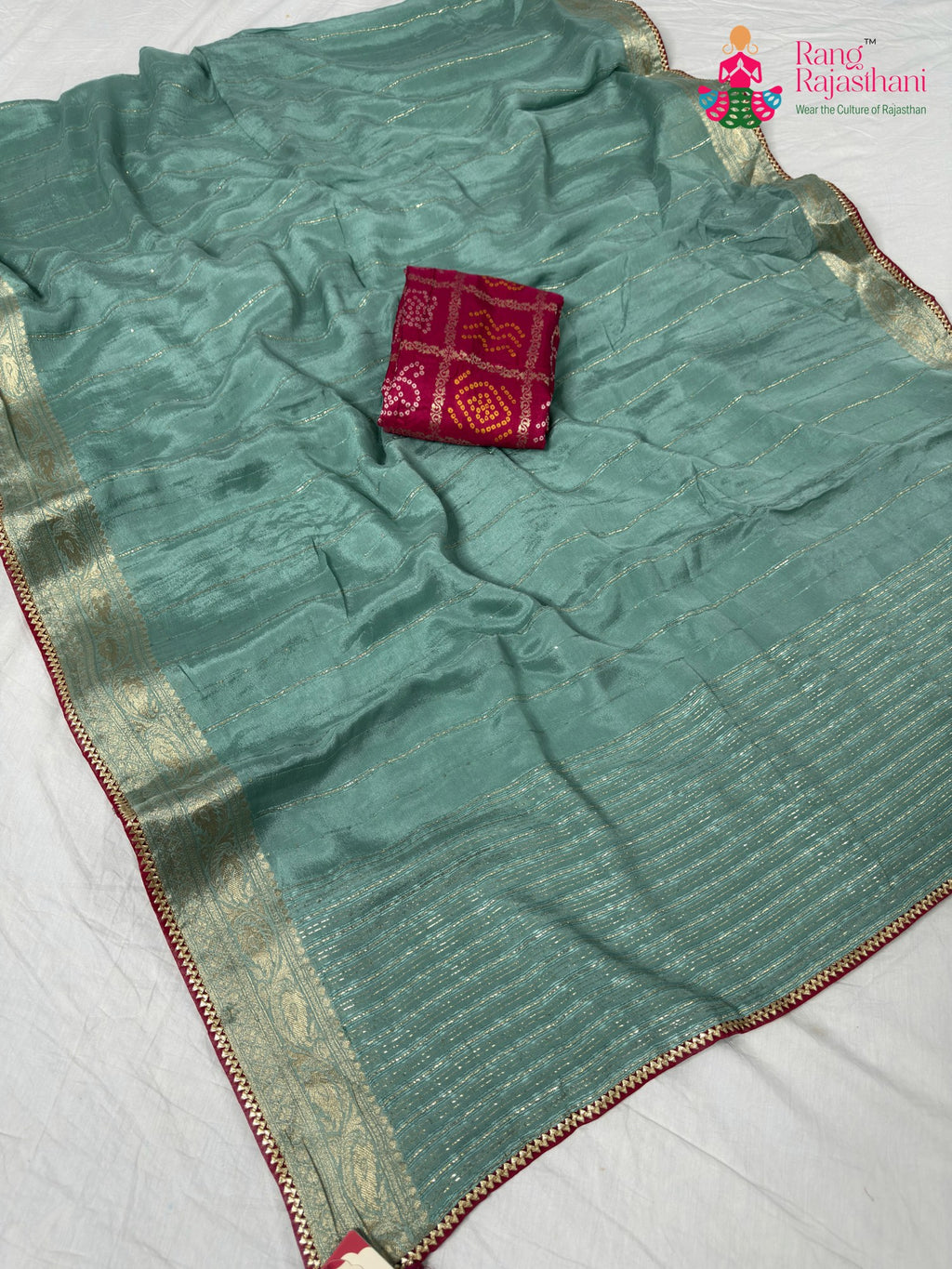 border detailing of sky chinnon saree
