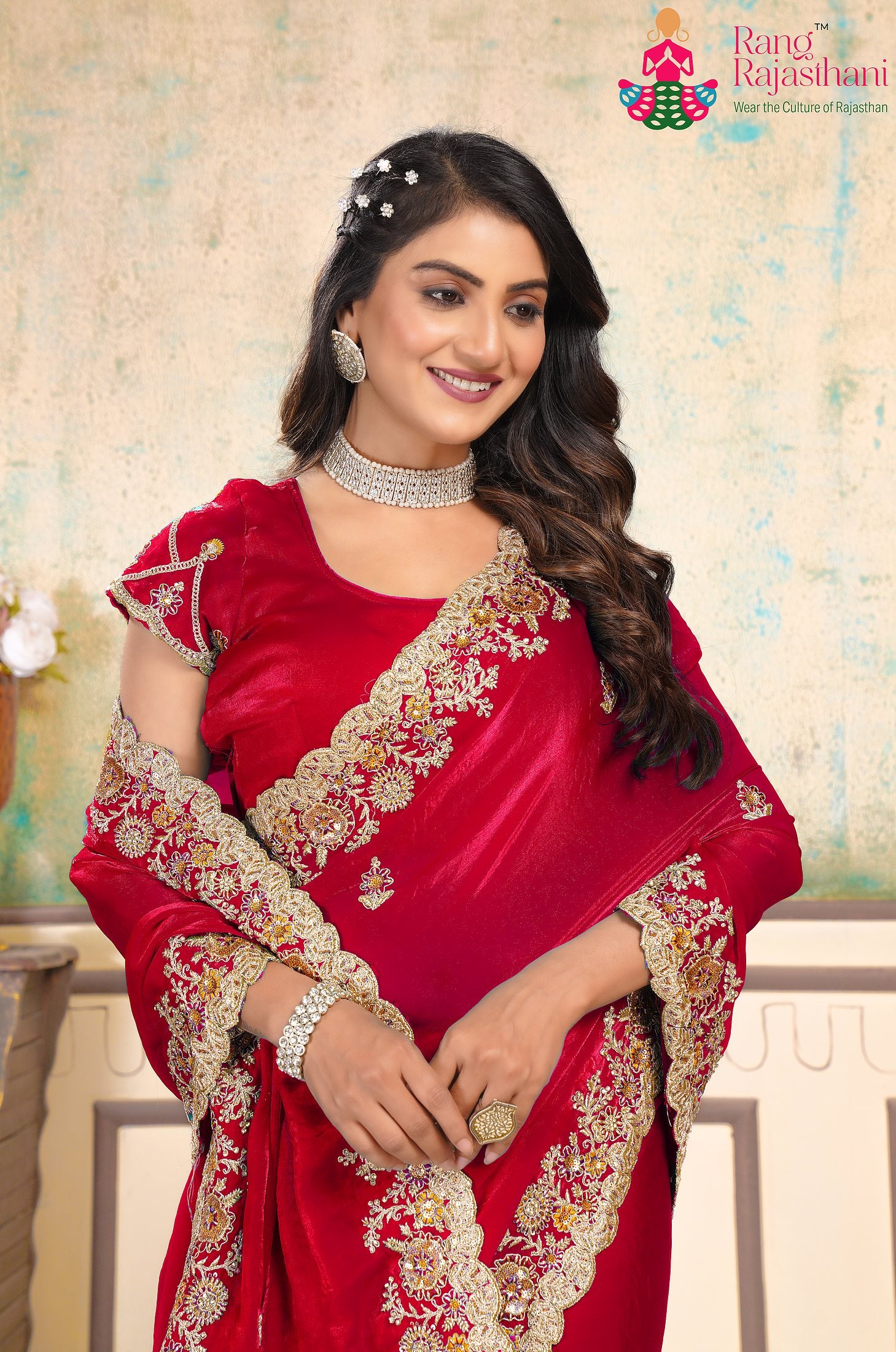 complete look of soft rani chiffon saree 