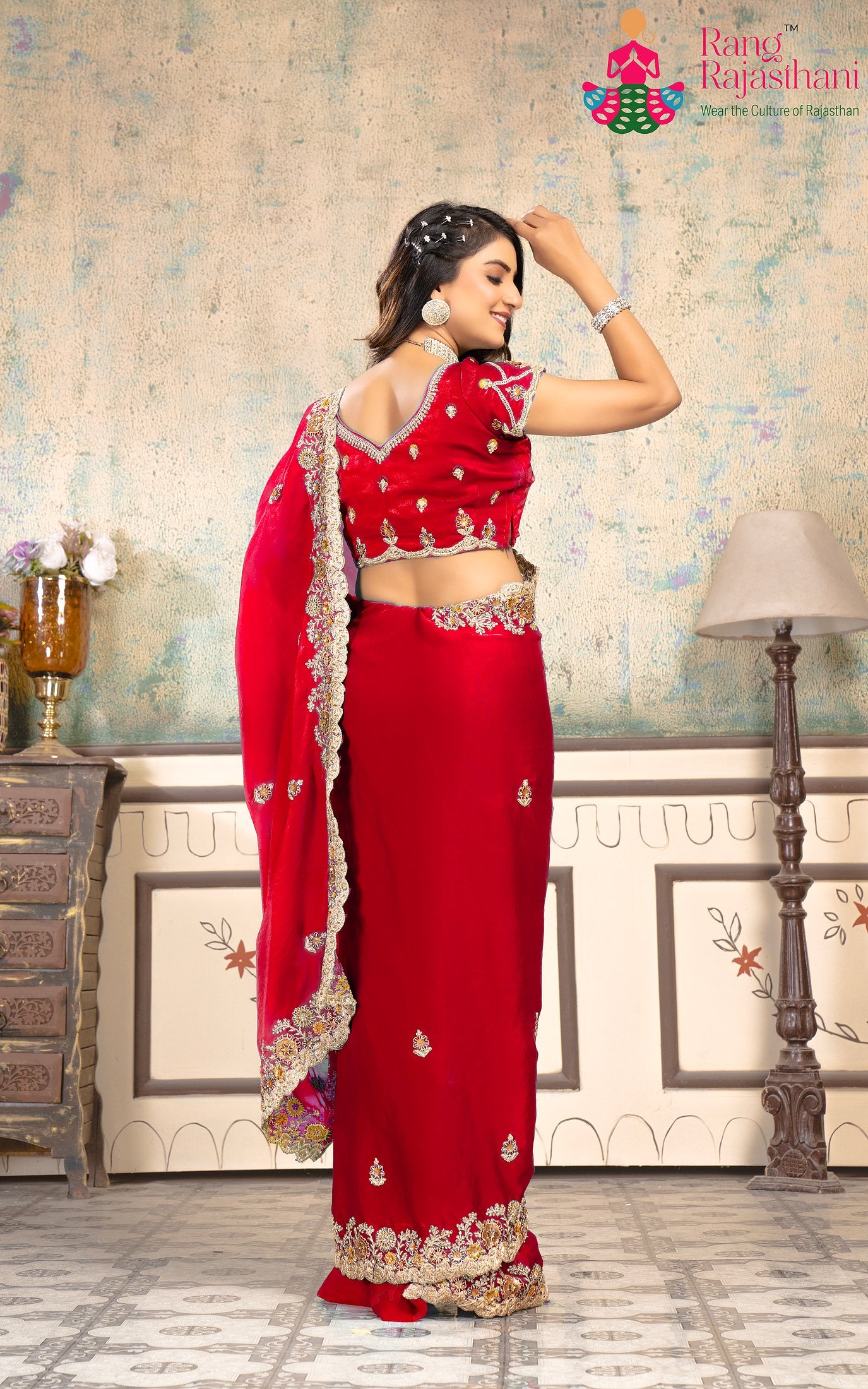 pallu detailing of soft rani chiffon saree 