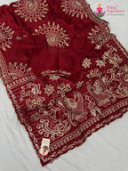 border detailing of soft red fabric saree