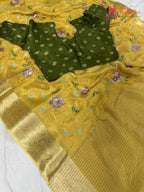 fabric texture of soft yellow chinnon saree