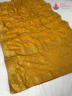 border detailing of sunlit yellow pure crape chinon banarasi khaddi mina jaal saree