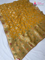border detailing of sunlit yellow pure georgette khaddi saree