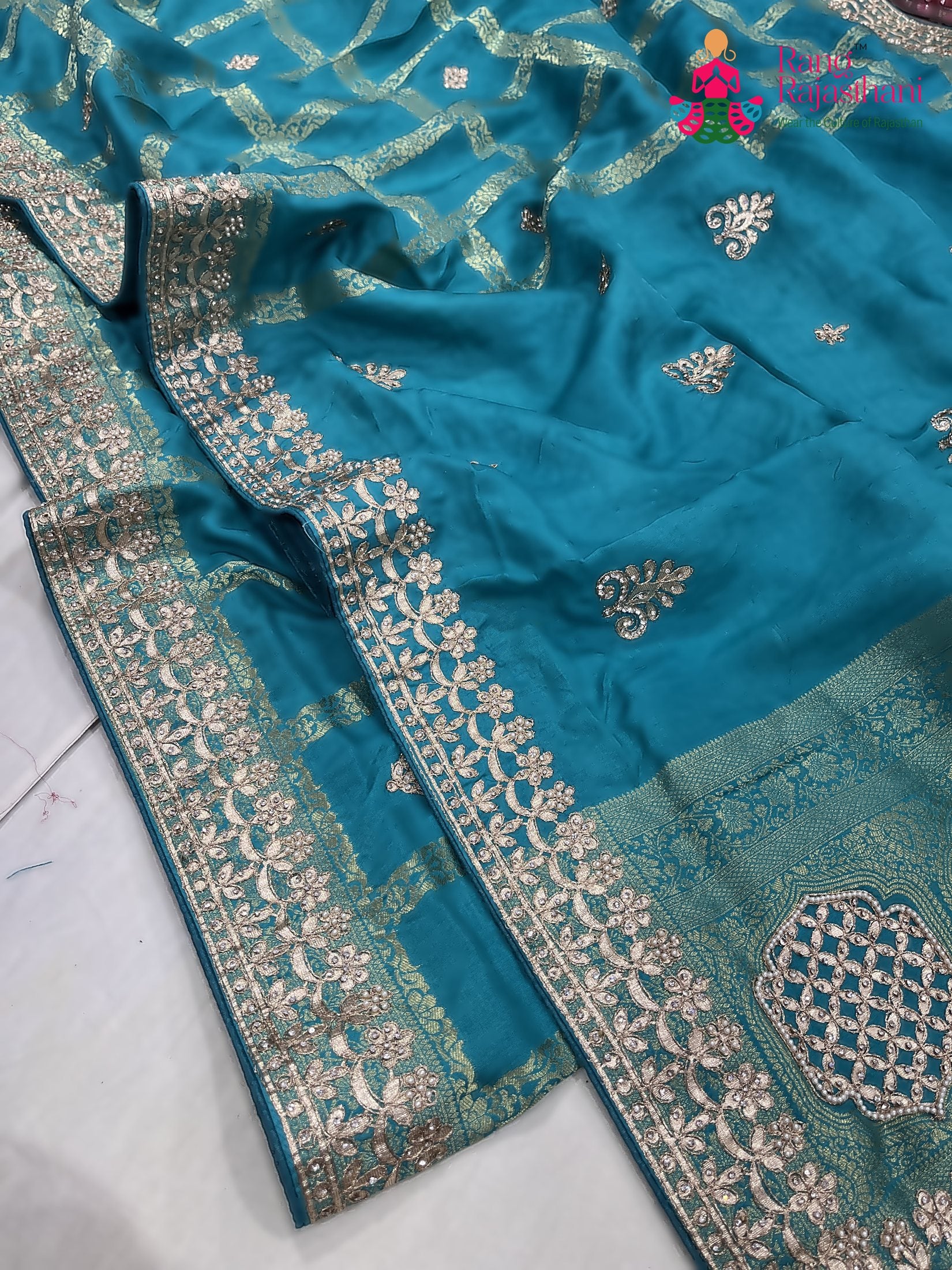 complete look of teal art silk gotta patti saree 