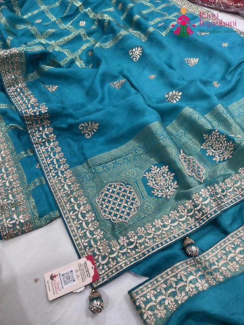 Teal Art Silk Gotta Patti Work Saree : Gentle Poise main-image