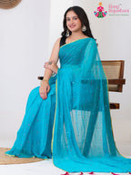 Firozi PureChiffon saree with Mirror pallu detailing