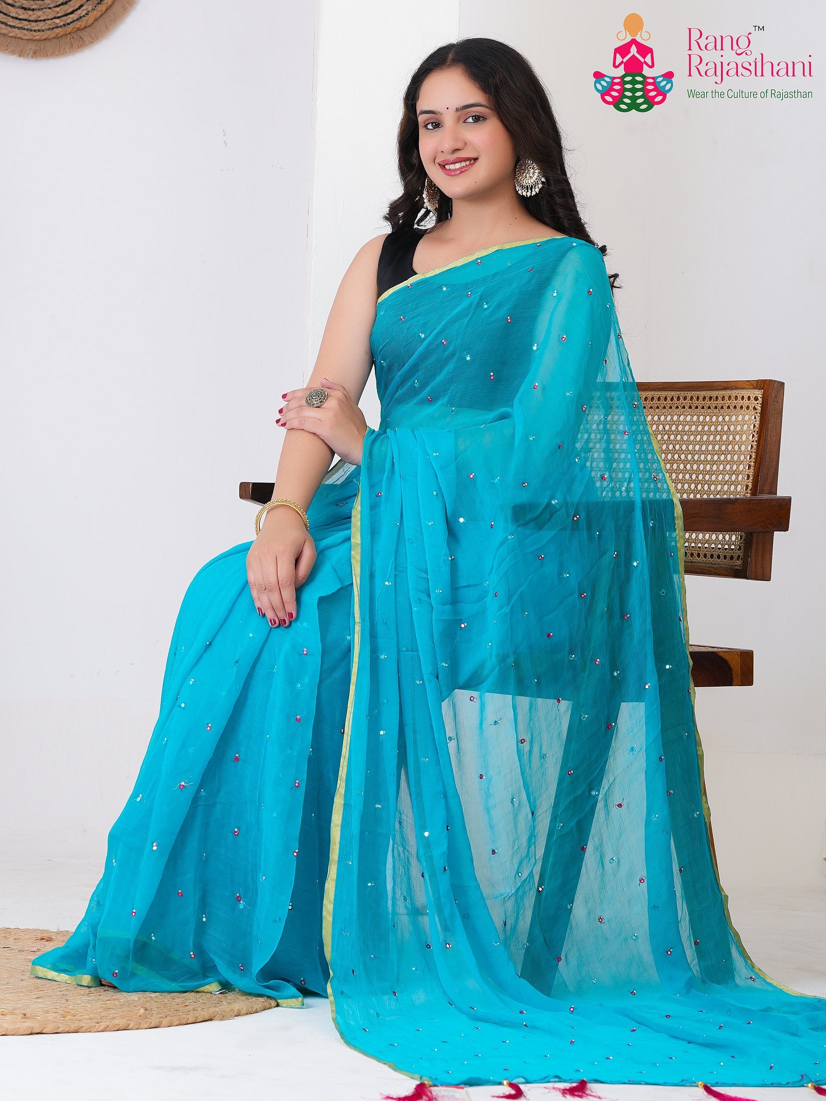 Firozi PureChiffon saree with Mirror pallu detailing