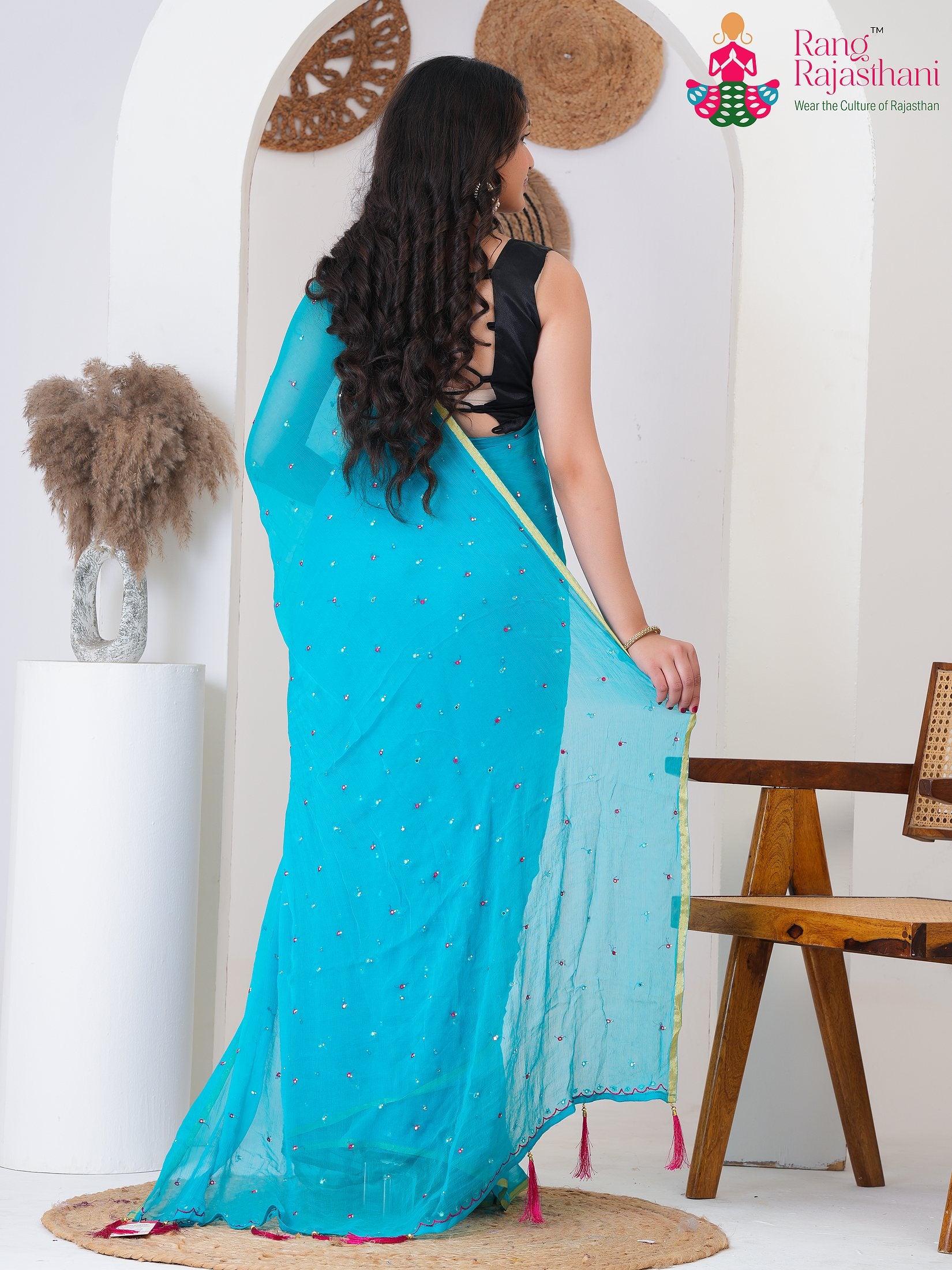 Firozi PureChiffon saree with Mirror back view