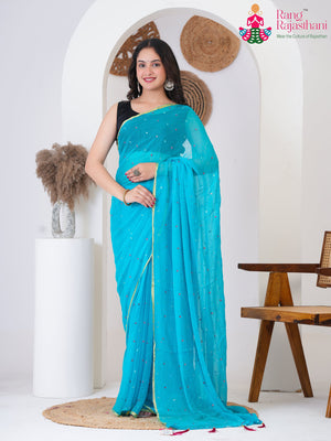 Firozi Pure Chiffon Mirror Saree for Wedding Guest | Curated Edit