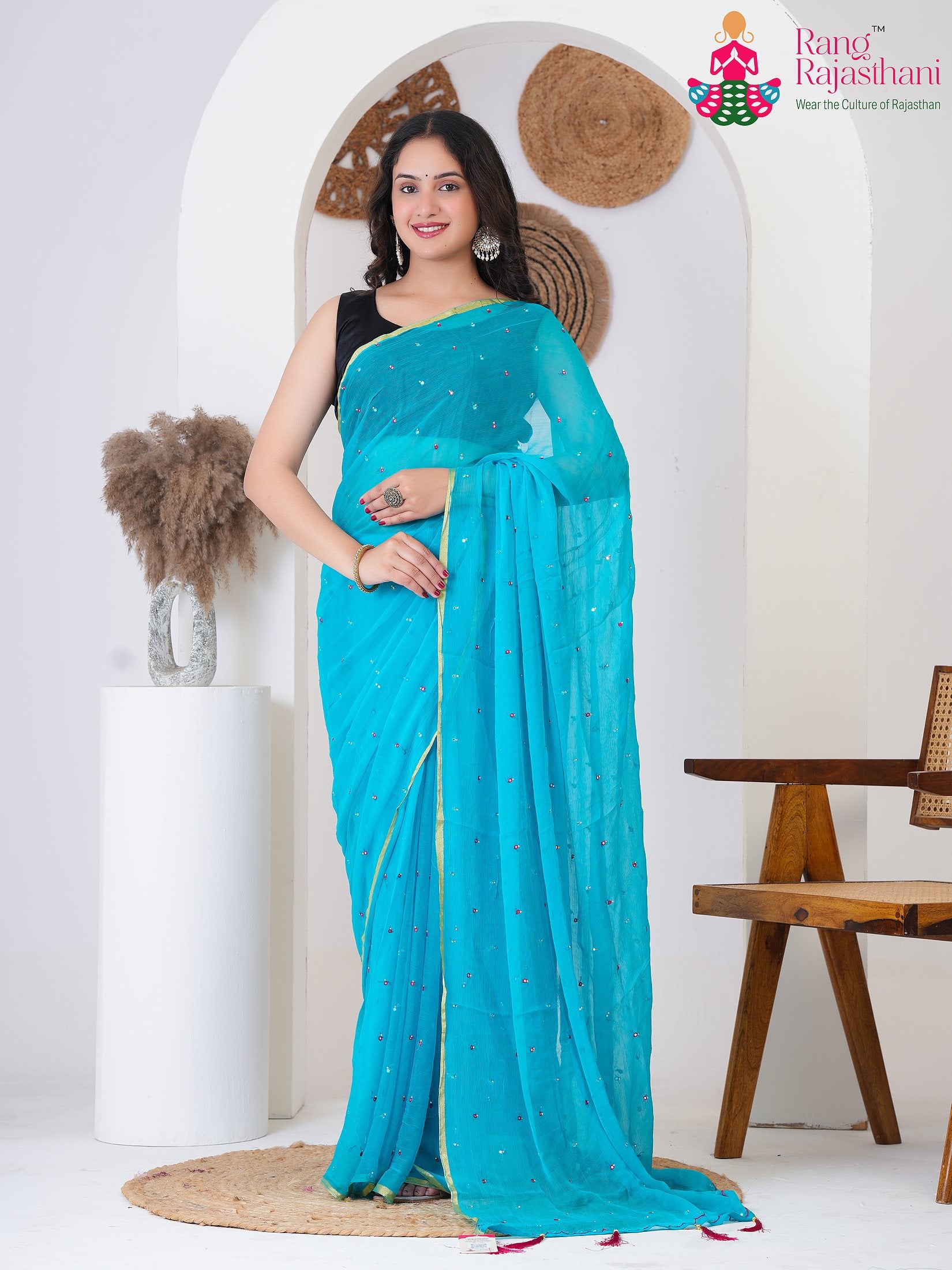 Firozi PureChiffon EngagementParty saree with Mirror from Rang Rajasthani