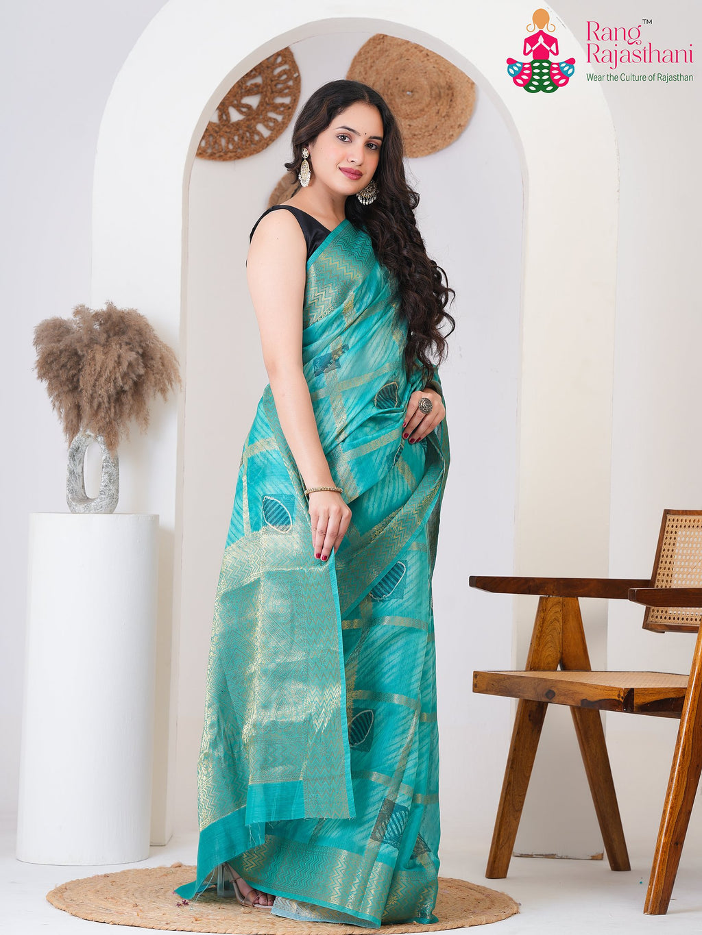 Green SyntheticSilk saree with Printed side drape view