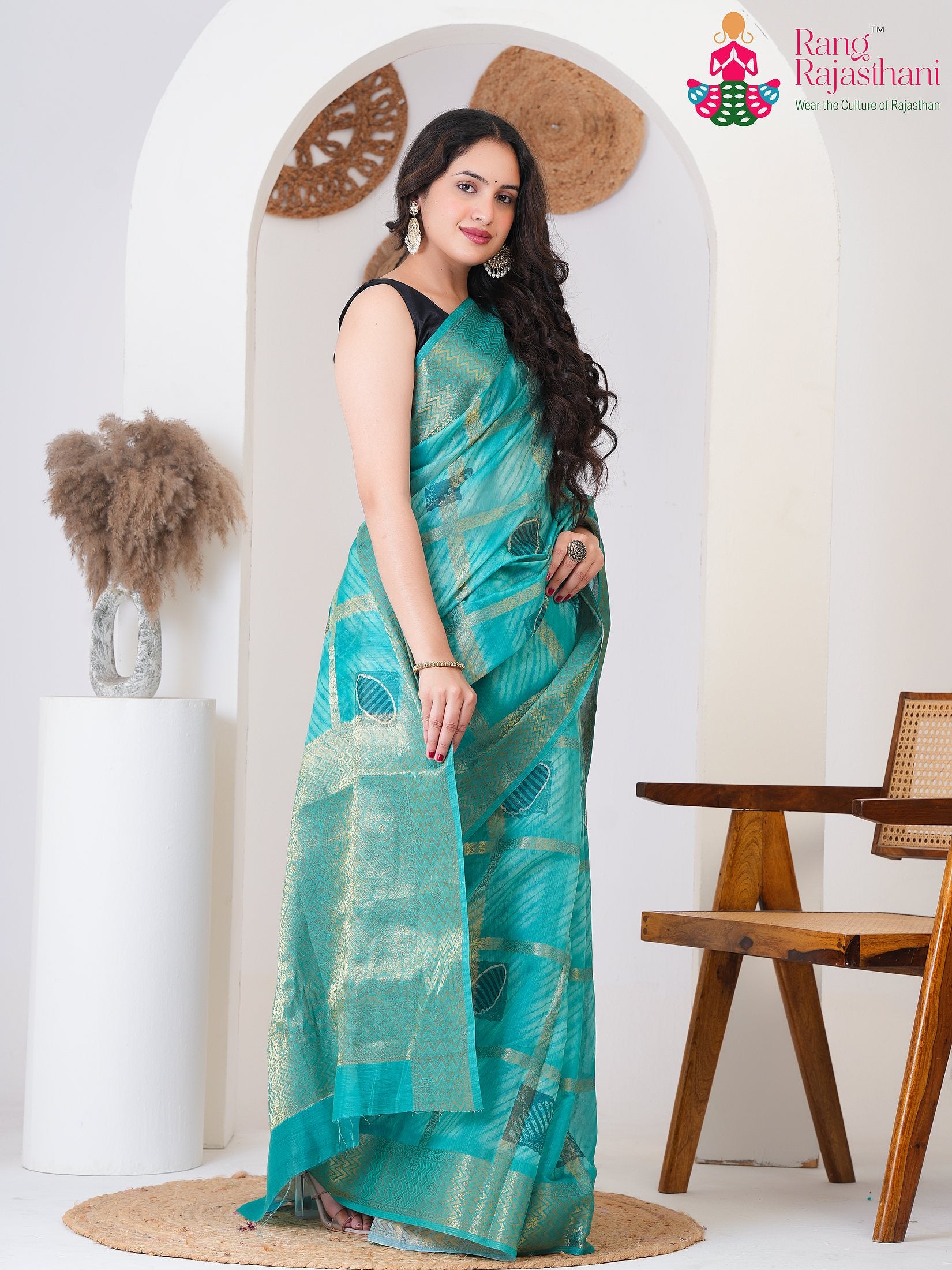 Green SyntheticSilk saree with Printed side drape view