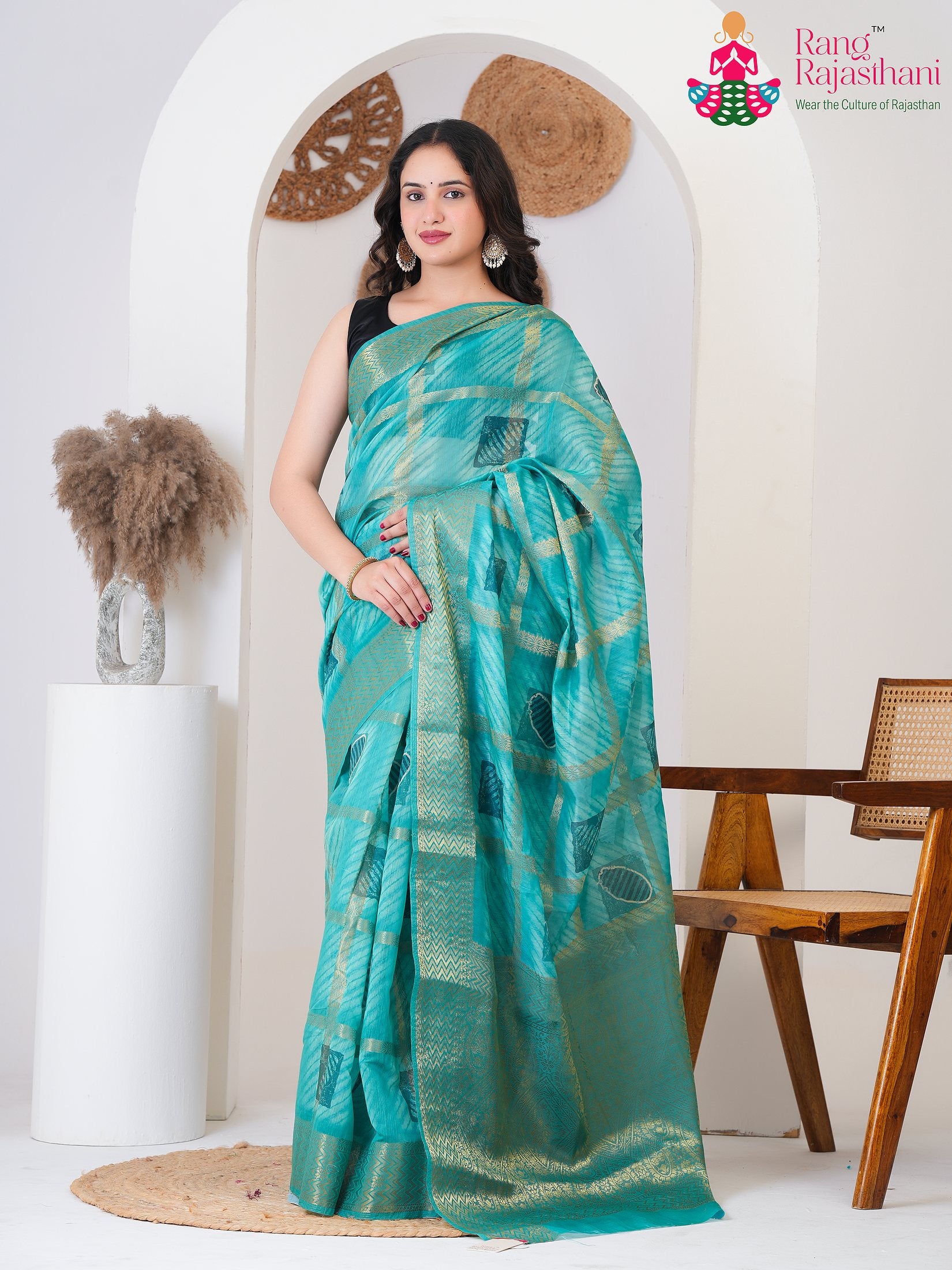 Green SyntheticSilk Party saree with Printed from Rang Rajasthani