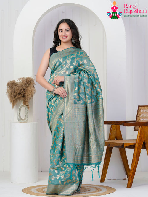 Teal Green Cotton Silk Woven Saree : Jaal Weaving Border main-image