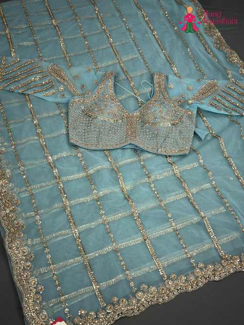 Firozi Net Sequin Saree for Wedding Reception | Indian Edit main-image