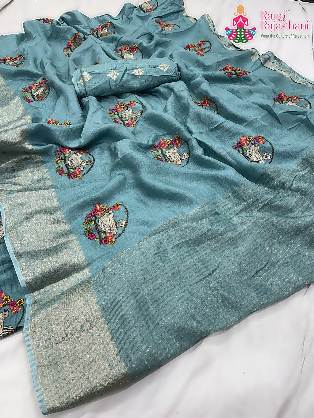 complete look of teal pure Russian silk resham embroidery saree 