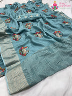 complete look of teal pure Russian silk resham embroidery saree 