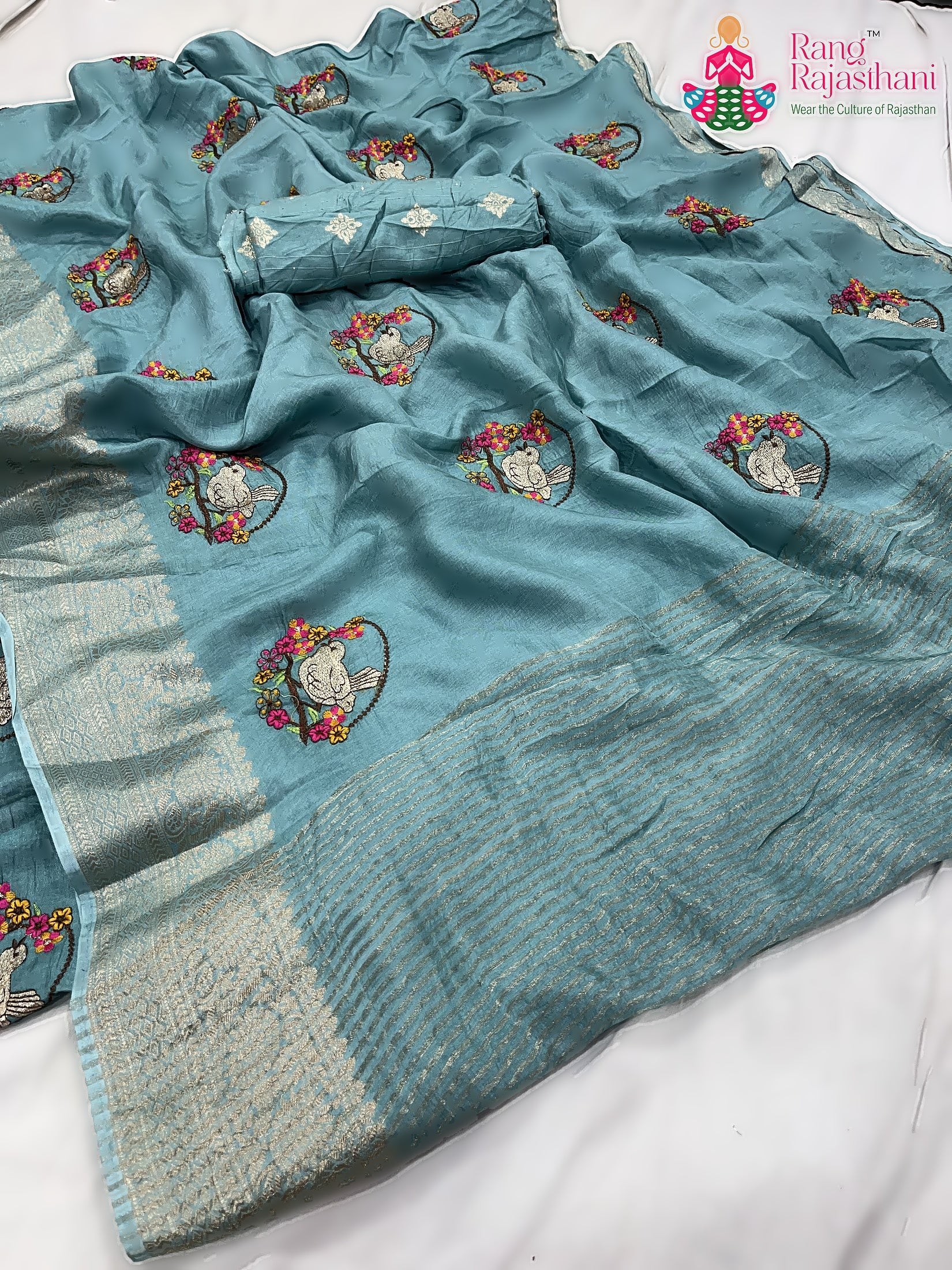 Teal Pure Russian Silk Resham Embroidery Saree : Calm Flow