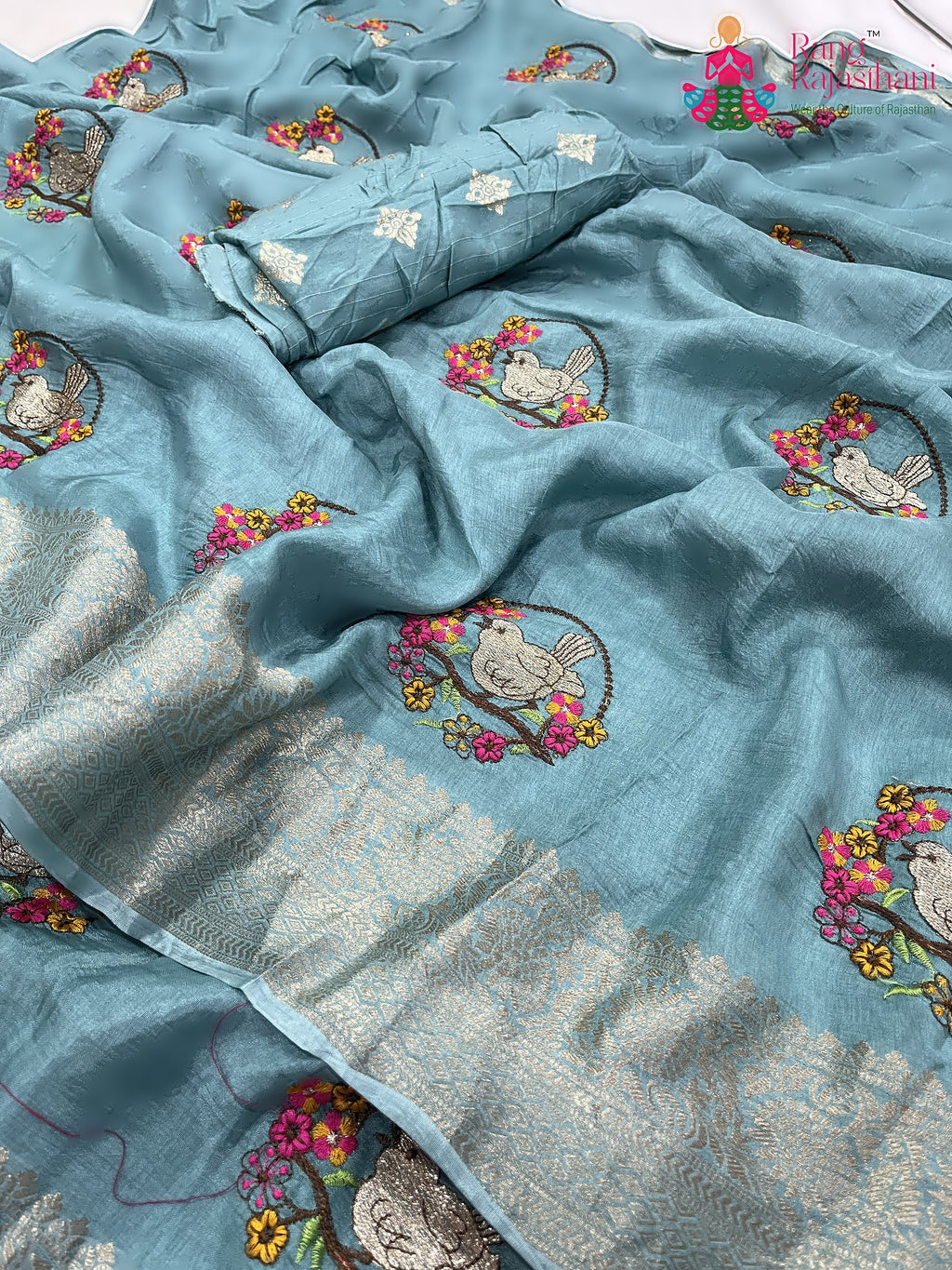 pallu detailing of teal pure Russian silk resham embroidery saree 