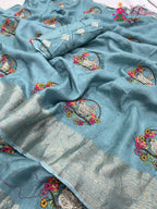 pallu detailing of teal pure Russian silk resham embroidery saree 