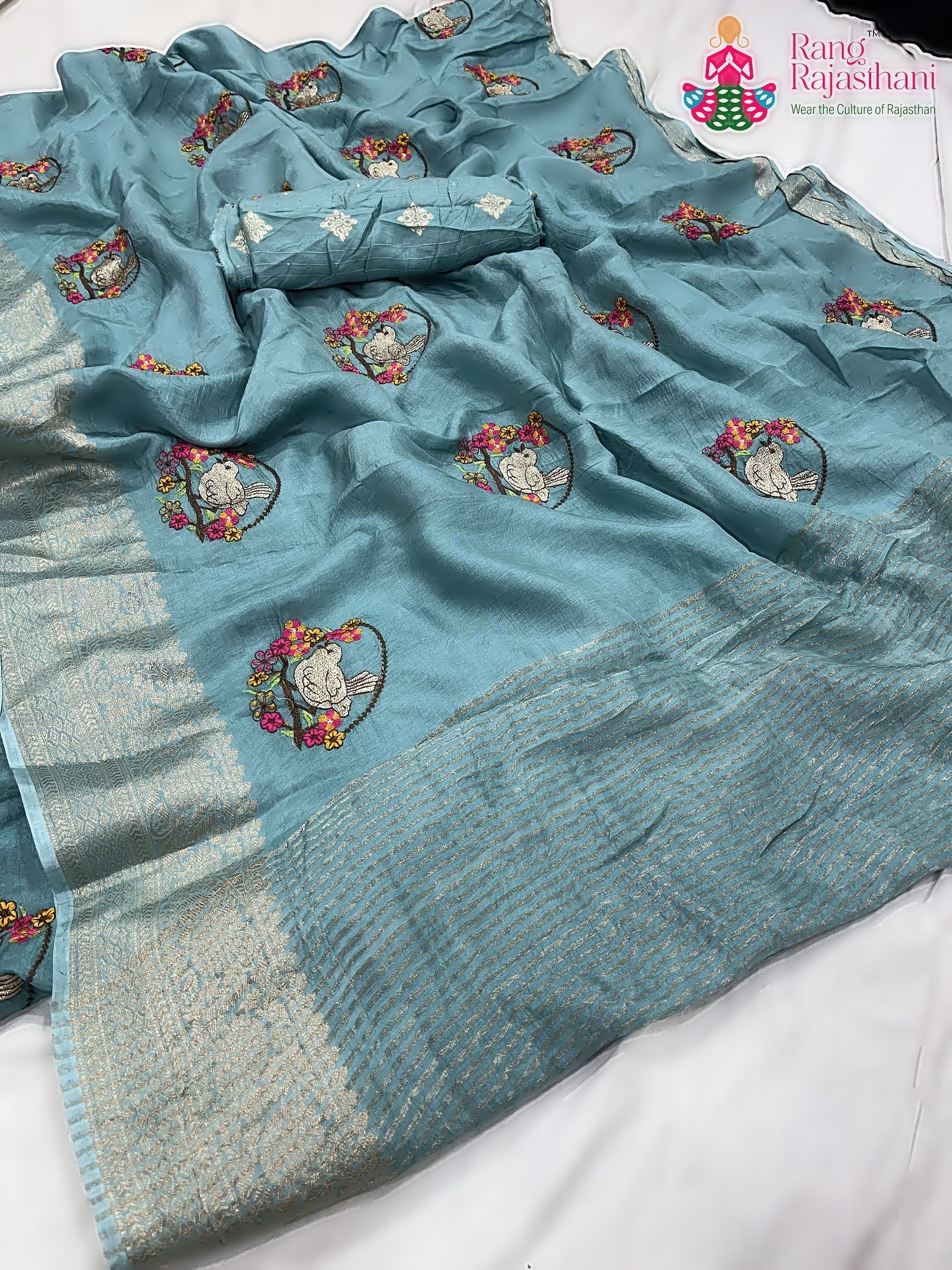 Teal Pure Russian Silk Resham Embroidery Saree : Calm Flow