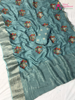 Firozi Pure Russian Silk Resham Embroidery Saree for Wedding Guest | Handpicked Pick