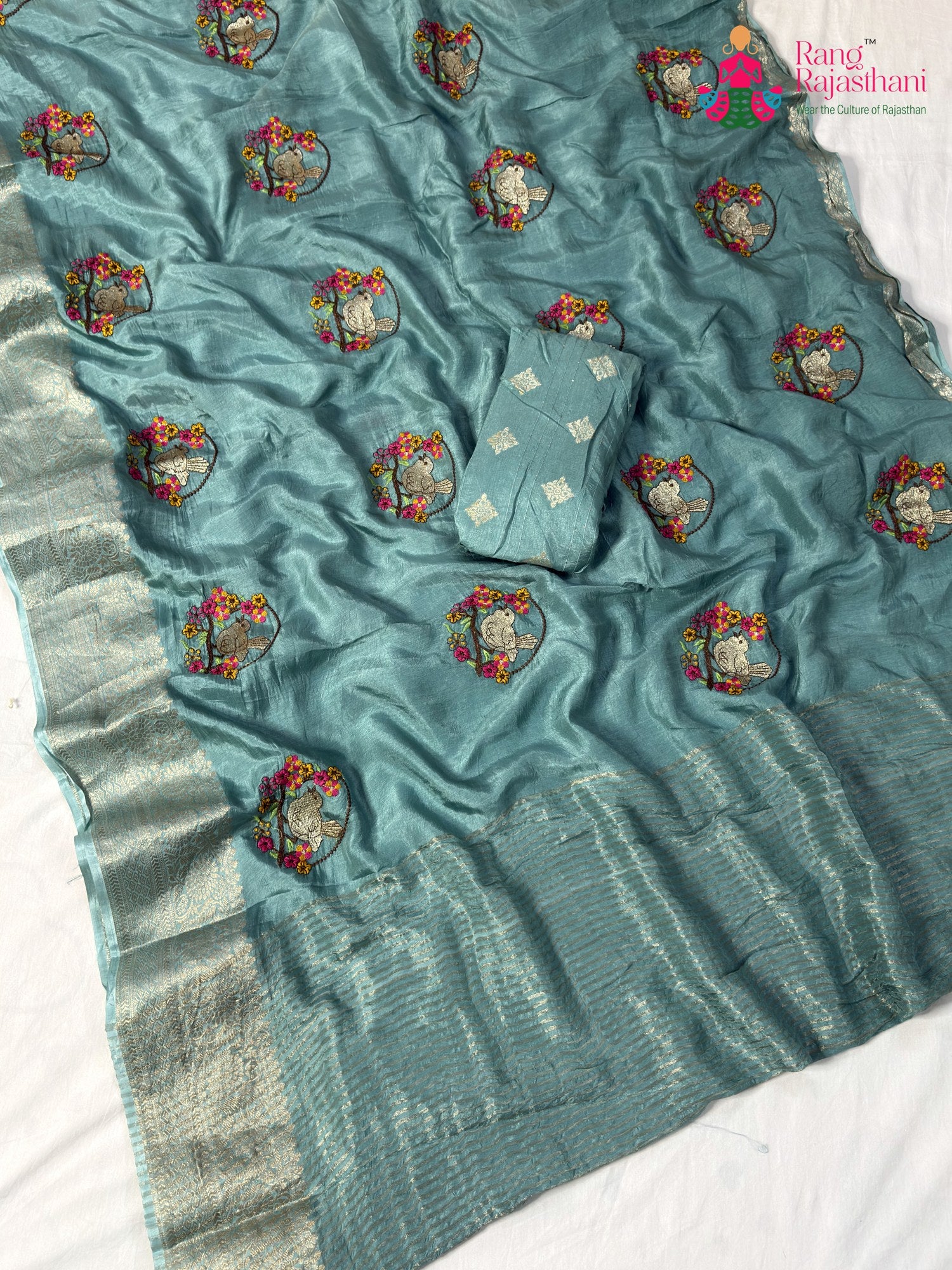 Firozi Pure Russian Silk Resham Embroidery Saree for Wedding Guest | Handpicked Pick