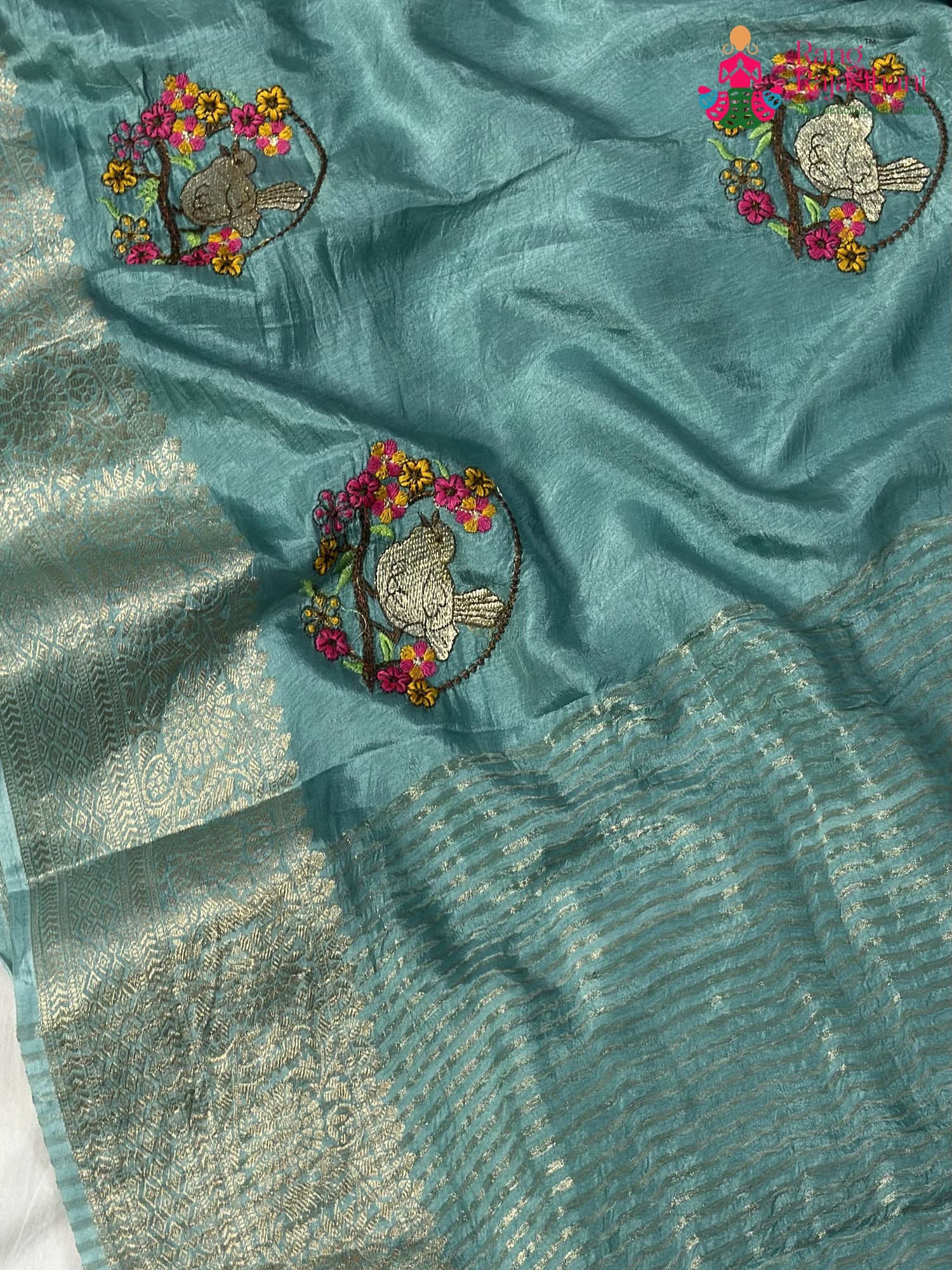 Firozi Pure Russian Silk Resham Embroidery Saree for Wedding Guest | Handpicked Pick