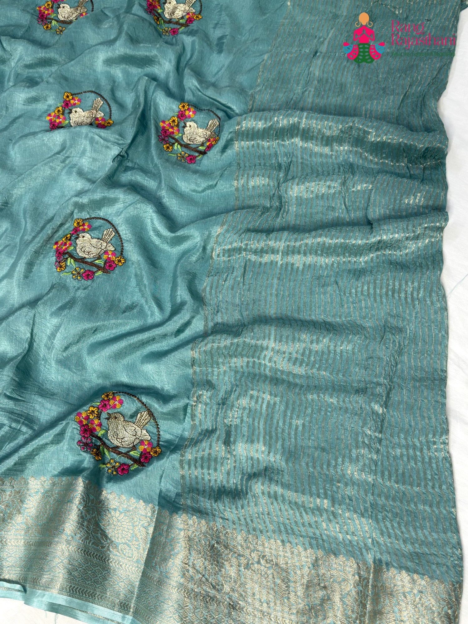 Firozi Pure Russian Silk Resham Embroidery Saree for Wedding Guest | Handpicked Pick