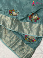 design pattern of teal pure russsian silk resham embroidery saree