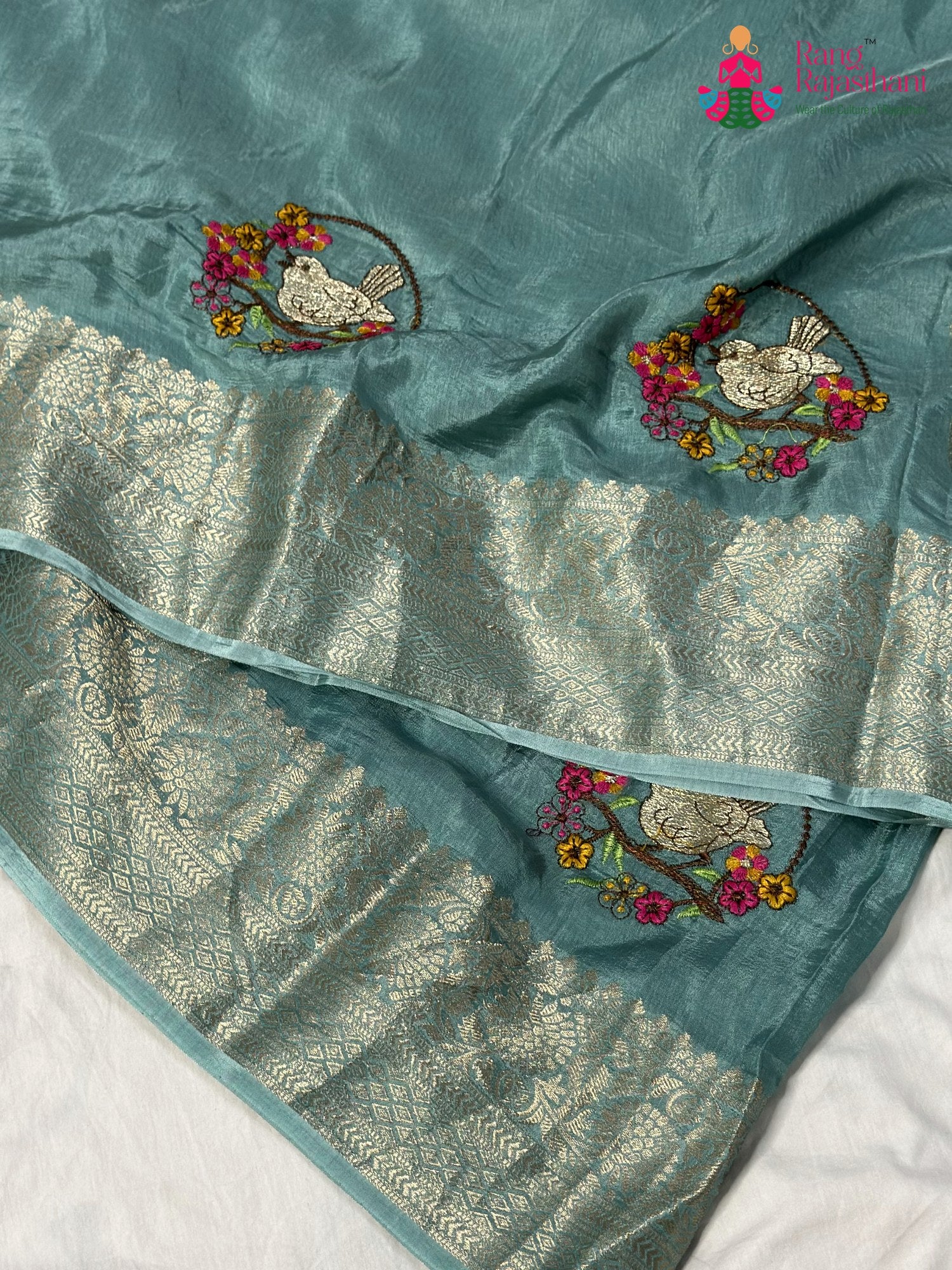 Firozi Pure Russian Silk Resham Embroidery Saree for Wedding Guest | Handpicked Pick