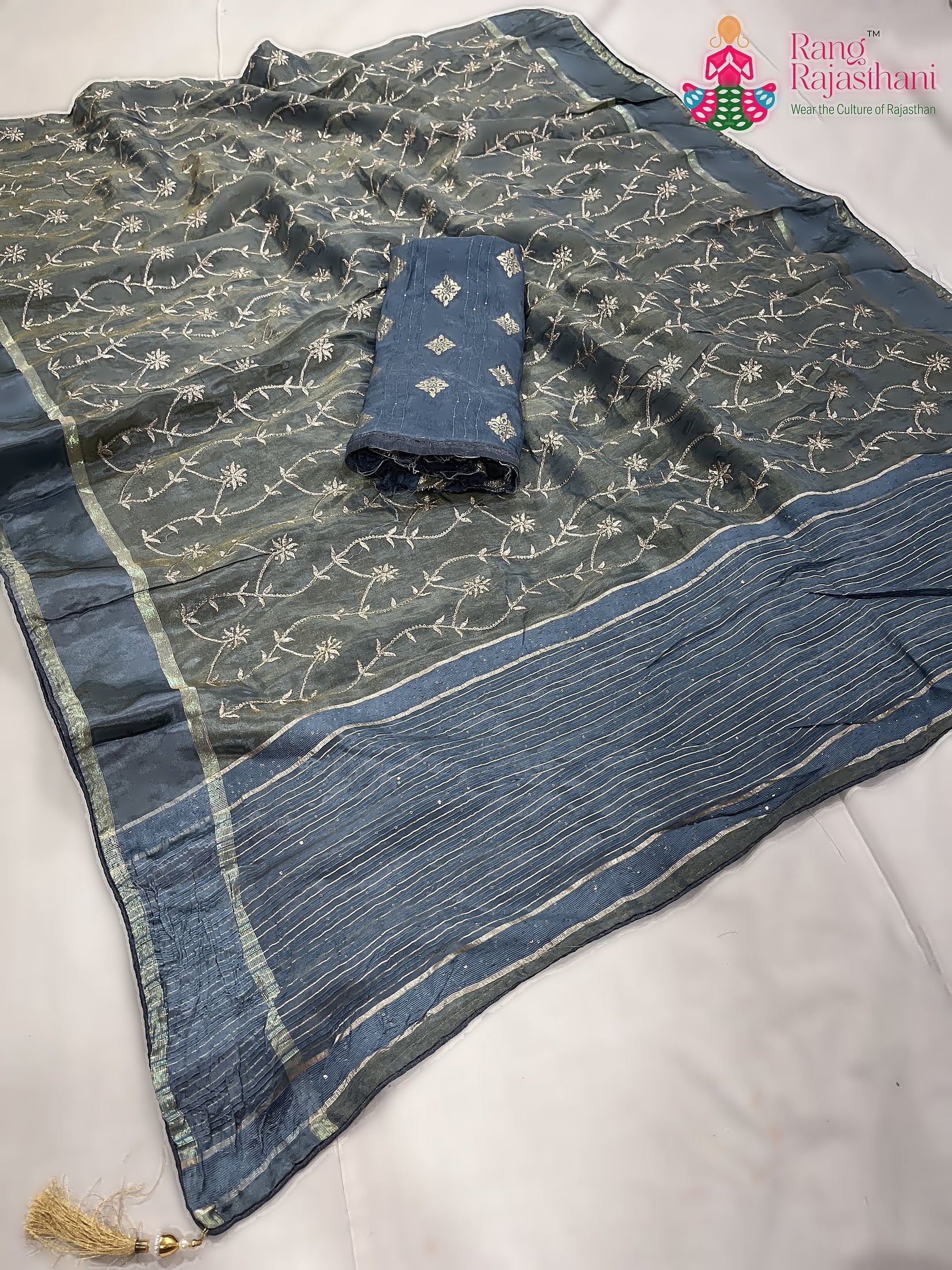 Teal Pure Tissue Silk Zari Embroidery Saree : Smooth Flow