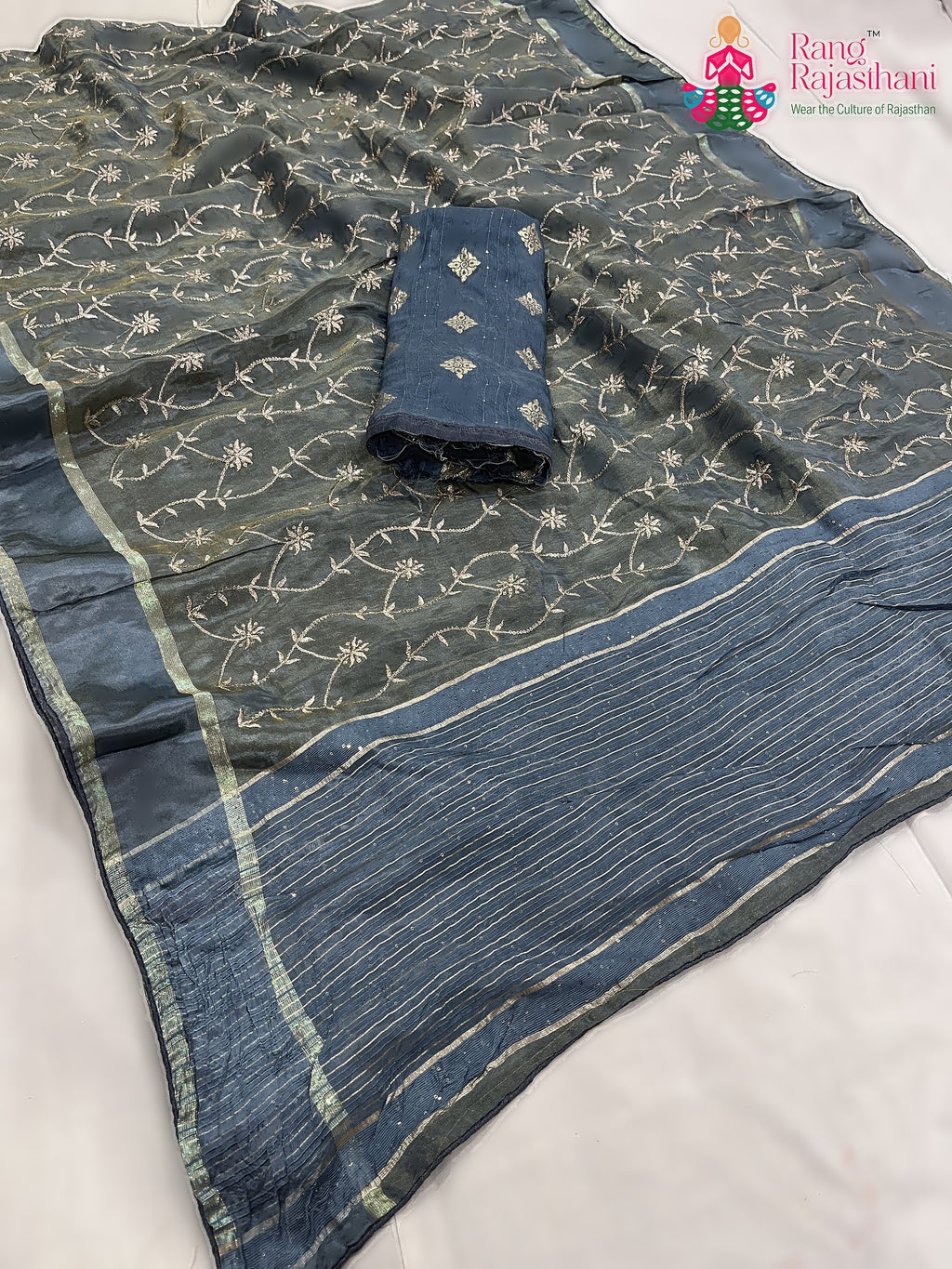 teal pure tissue silk zari embroidery saree for festive celebration by Rang Rajasthani