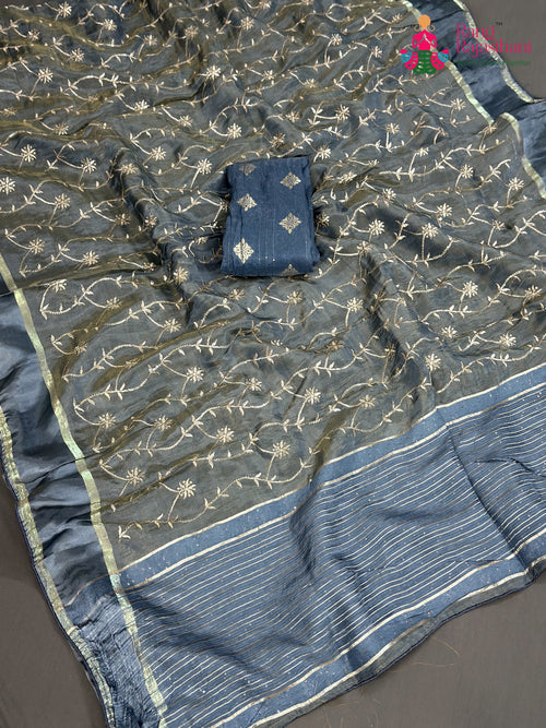 Firozi Pure Tissue Silk Zari Embroidery Saree for Festive Celebration | Elegant Pick main-image