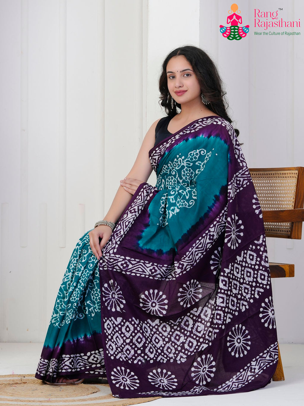 Firozi Cotton saree with Printed side drape view