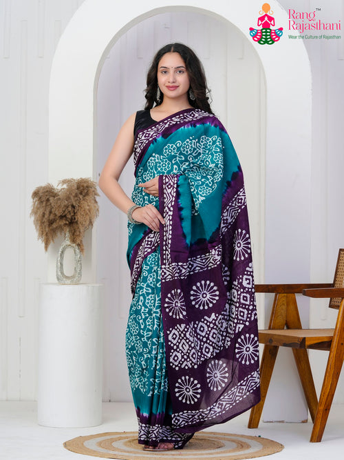 Teal Purple Pure Cotton Block Print Saree : Everyday Craft Ease