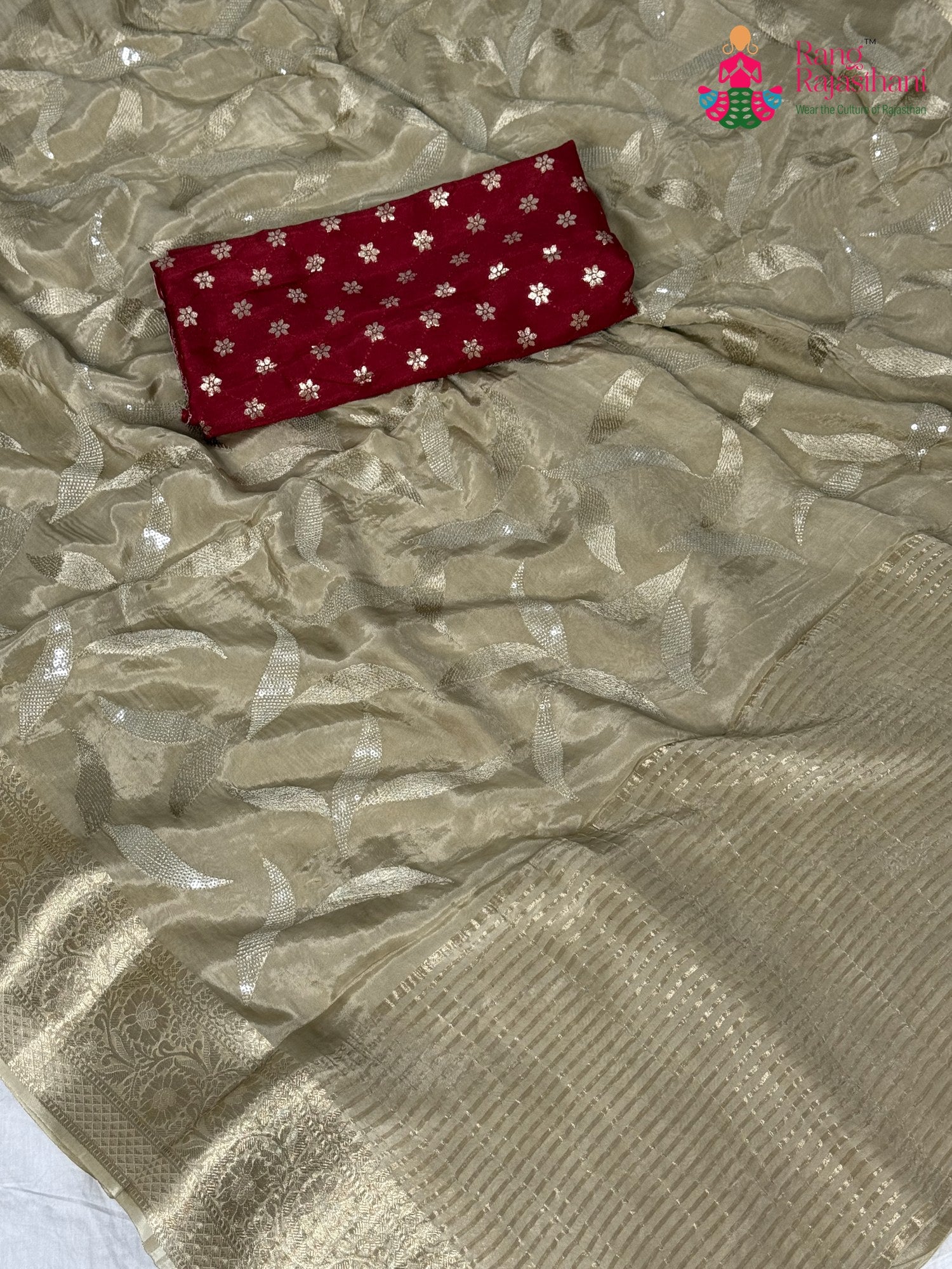 work detailing of traditional chiku silk saree