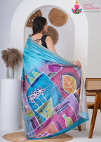 Turquoise Imported saree with Zari back view