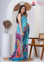 Turquoise Imported saree with Zari side drape view