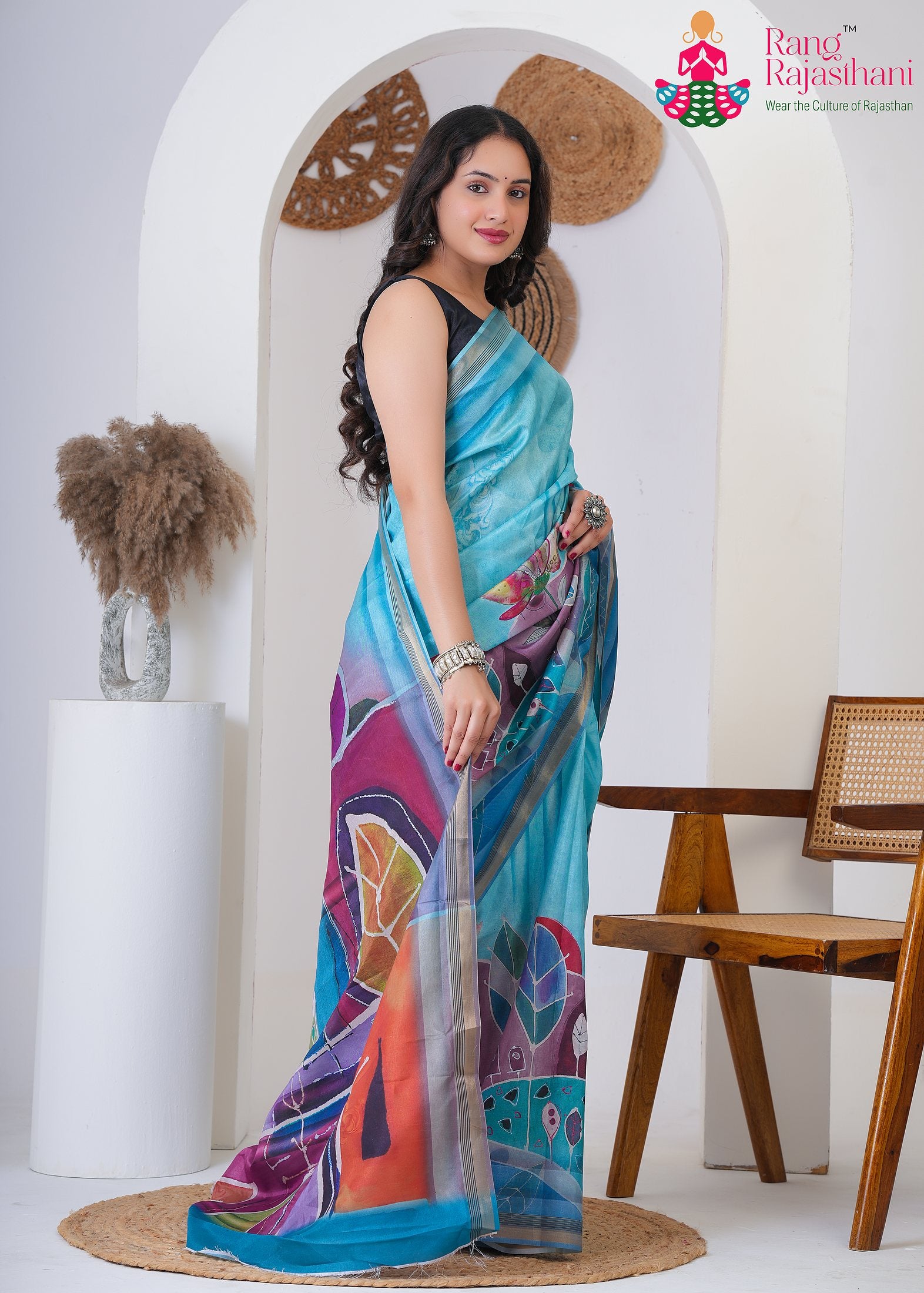 Turquoise Imported saree with Zari side drape view