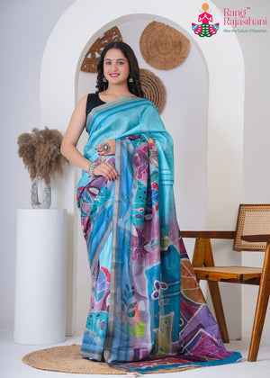 Firozi Art Silk Printed Saree for Raksha Bandhan | Authentic Craft