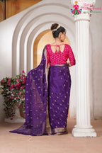 Violet Pure Chinon saree with Zari Border and Embroidery Butti back view