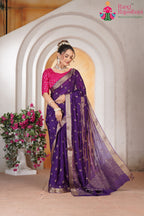 Violet Pure Chinon saree with Zari Border and Embroidery Butti side drape view