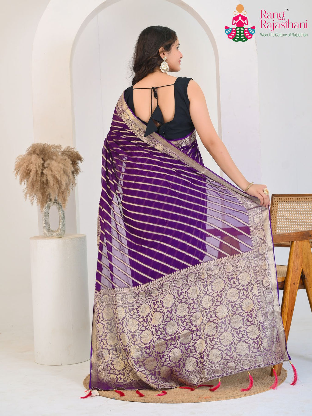 Voilet Pure Georgette saree with Khaddi Work back view