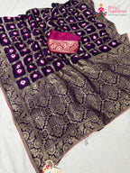 border detailing of violet pure dola silk bandhej banarasi zari saree