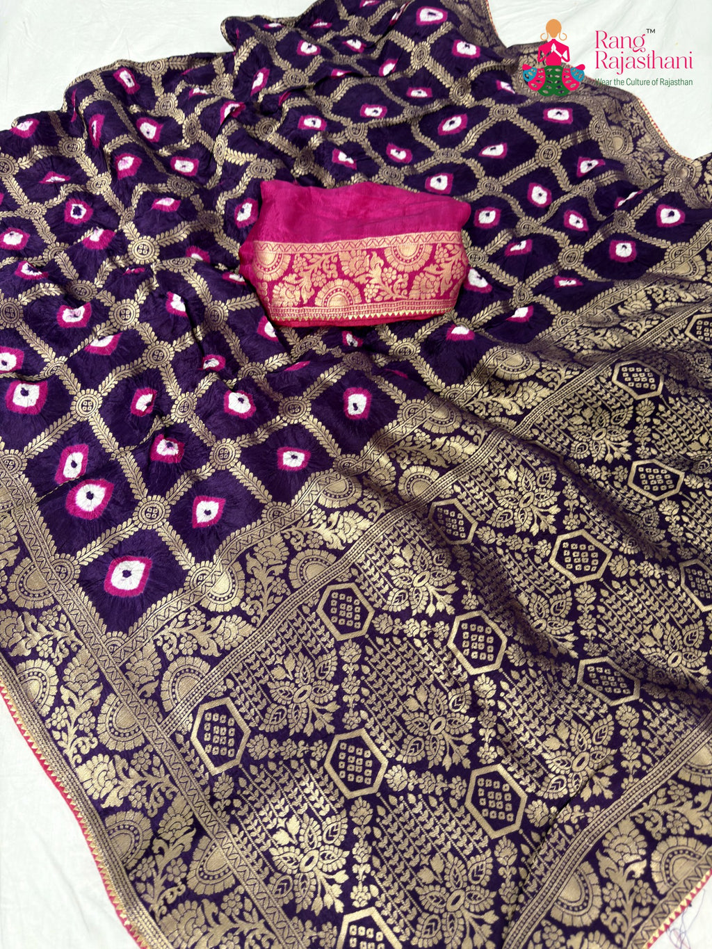 fabric texture of violet pure dola silk bandhej banarasi zari saree